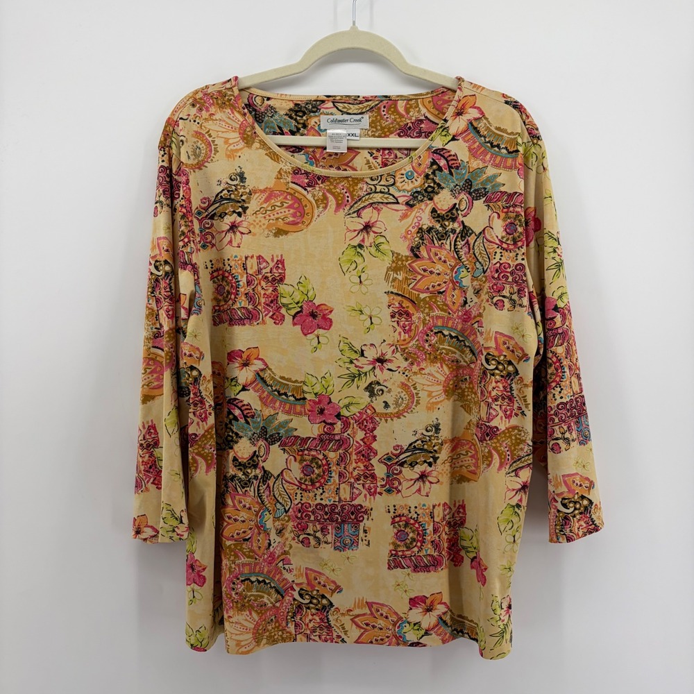Coldwater Creek Womens XXL Yellow Paisley Floral 3/4 Sleeve Knit Scoop Neck Top